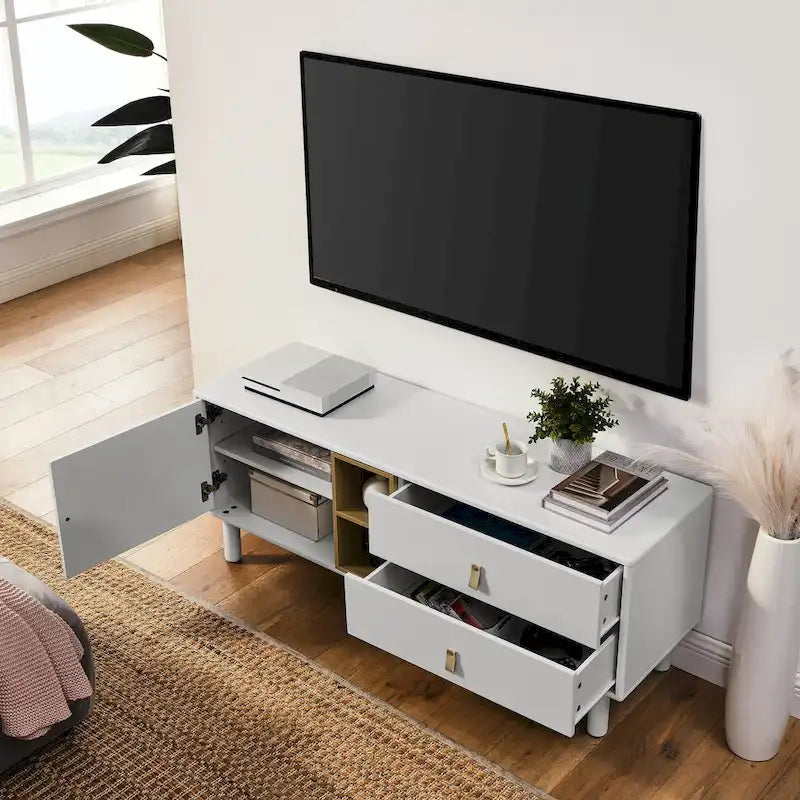Meuble TV à tiroirs avec porte, armoire de rangement, commode, commode en bois avec poignée en cuir