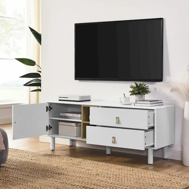 Meuble TV à tiroirs avec porte, armoire de rangement, commode, commode en bois avec poignée en cuir