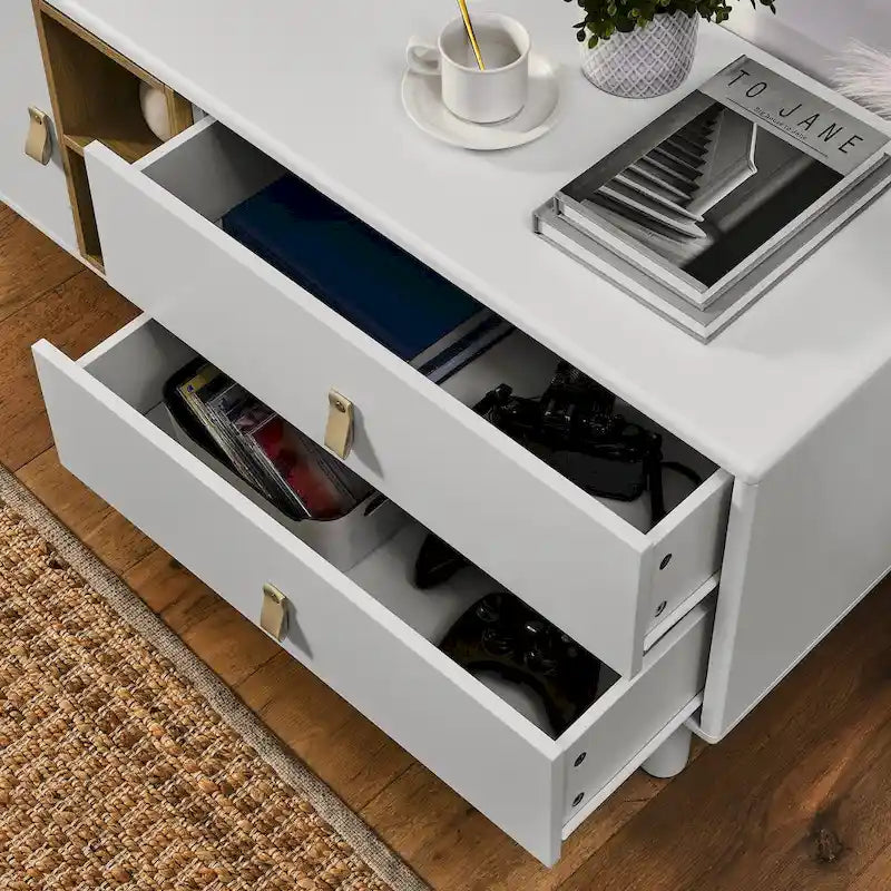 Meuble TV à tiroirs avec porte, armoire de rangement, commode, commode en bois avec poignée en cuir