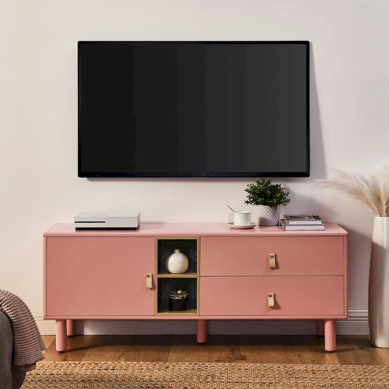 Meuble TV à tiroirs avec porte, armoire de rangement, commode, commode en bois avec poignée en cuir