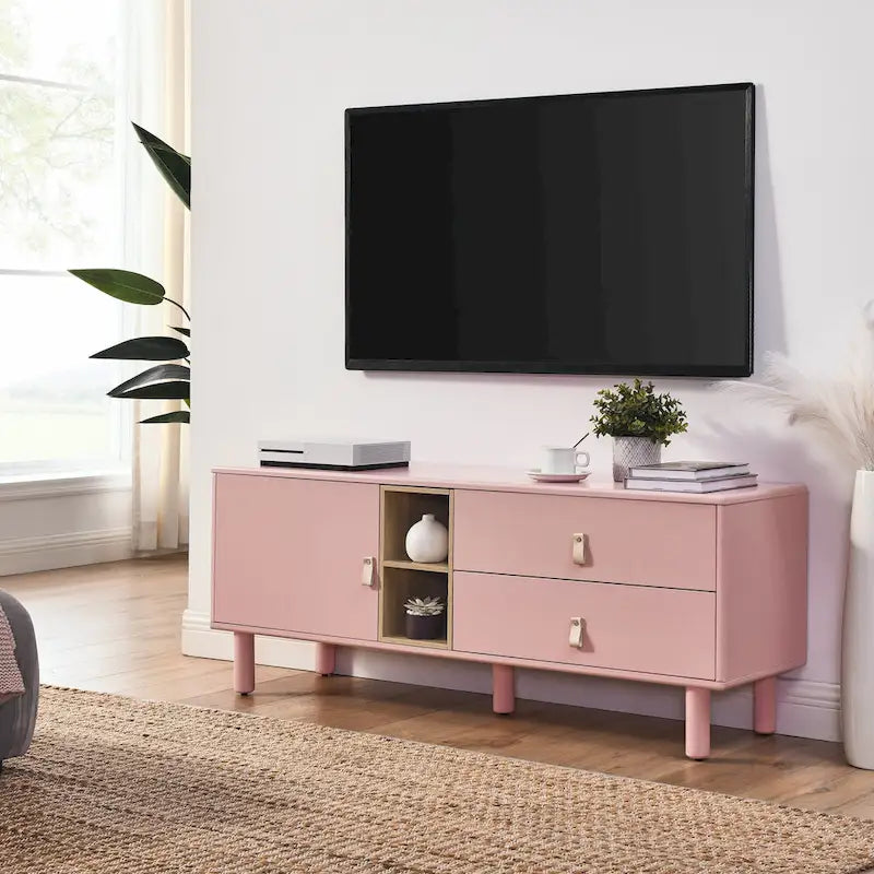 Meuble TV à tiroirs avec porte, armoire de rangement, commode, commode en bois avec poignée en cuir