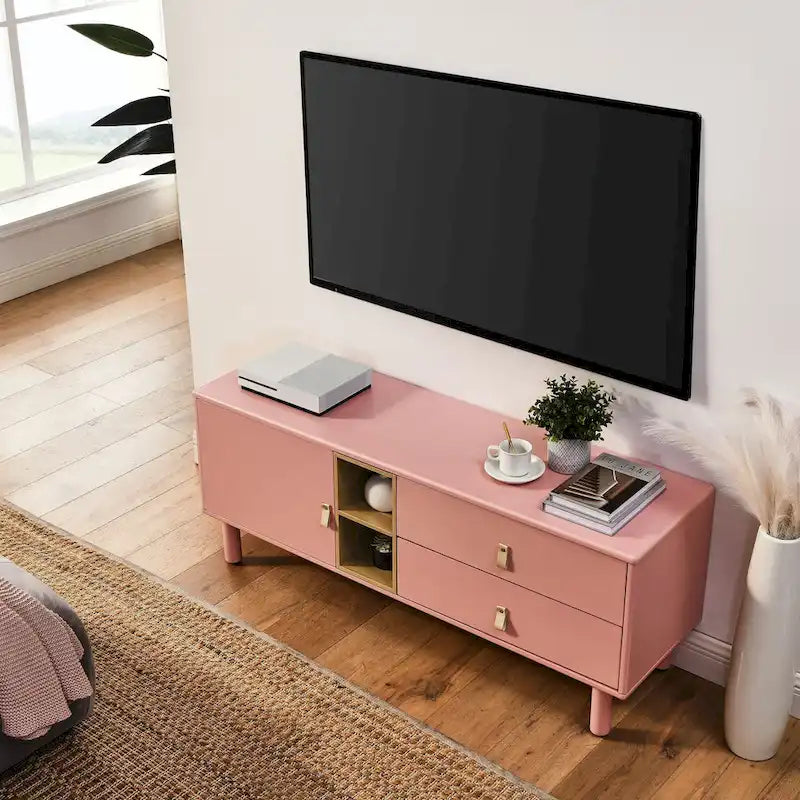 Meuble TV à tiroirs avec porte, armoire de rangement, commode, commode en bois avec poignée en cuir