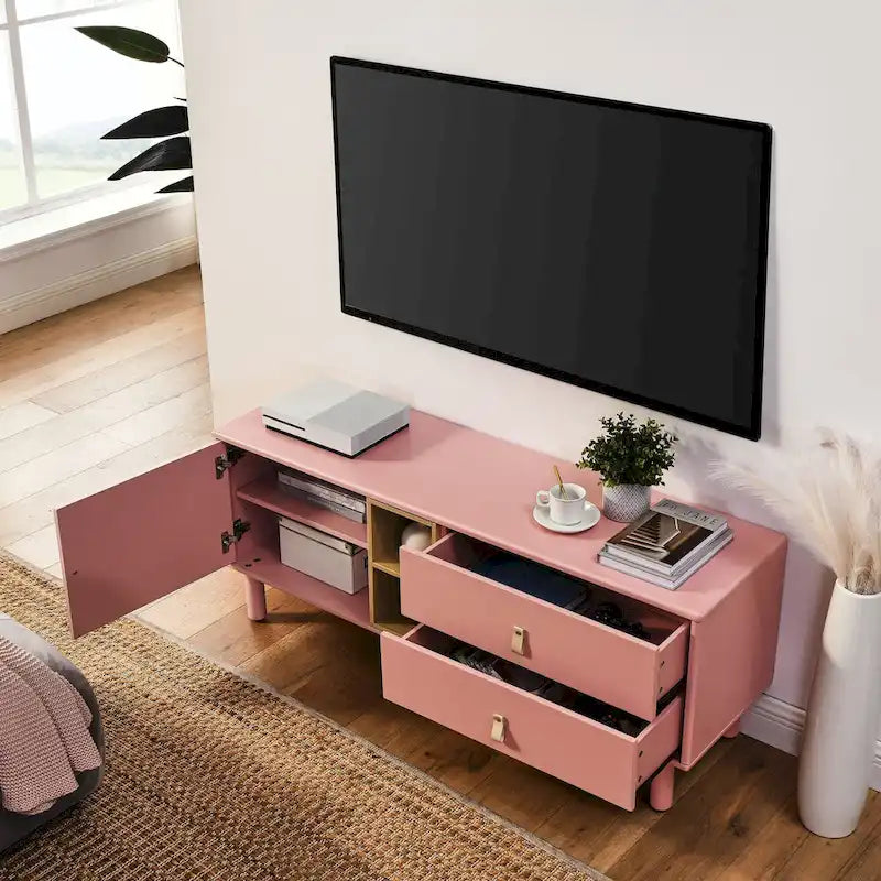 Meuble TV à tiroirs avec porte, armoire de rangement, commode, commode en bois avec poignée en cuir