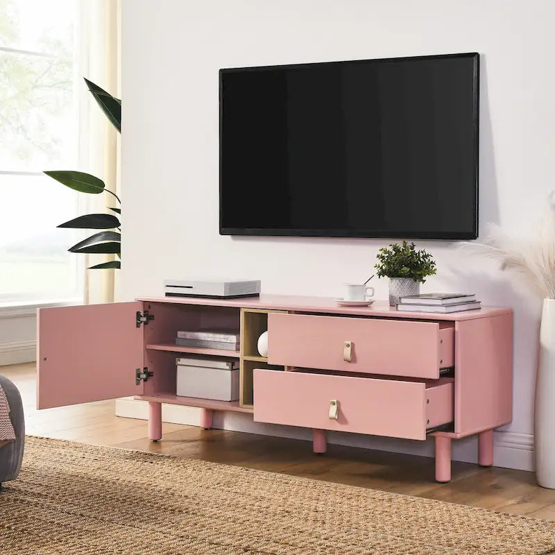 Meuble TV à tiroirs avec porte, armoire de rangement, commode, commode en bois avec poignée en cuir