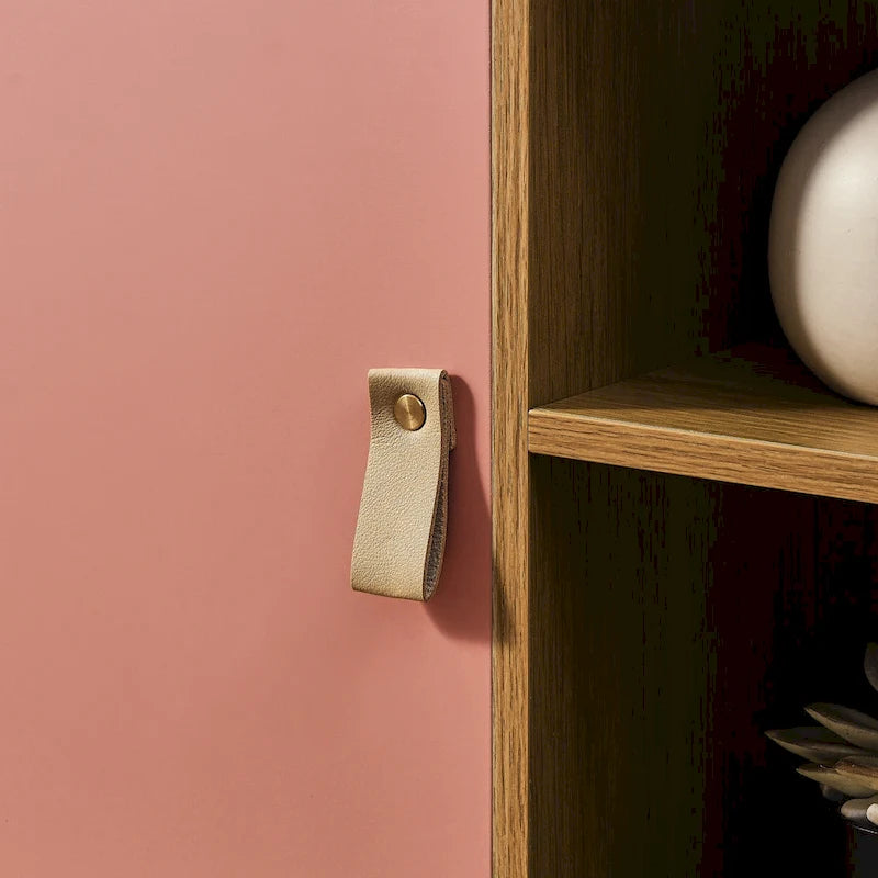 Meuble TV à tiroirs avec porte, armoire de rangement, commode, commode en bois avec poignée en cuir