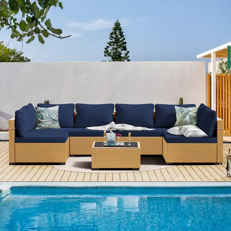 Patio Watcher – Salon de jardin sectionnel 7 pièces en osier jaune avec coussins et table d'appoint