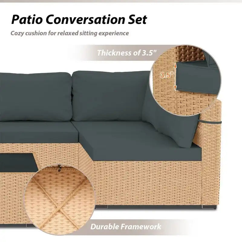 Patio Watcher – Salon de jardin sectionnel 7 pièces en osier jaune avec coussins et table d'appoint