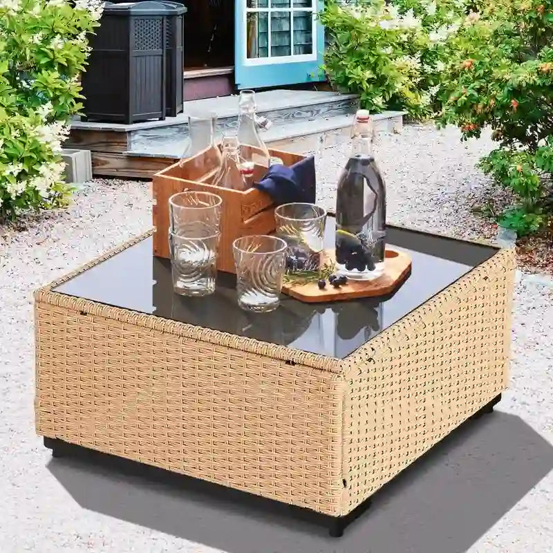 Patio Watcher – Salon de jardin sectionnel 7 pièces en osier jaune avec coussins et table d'appoint