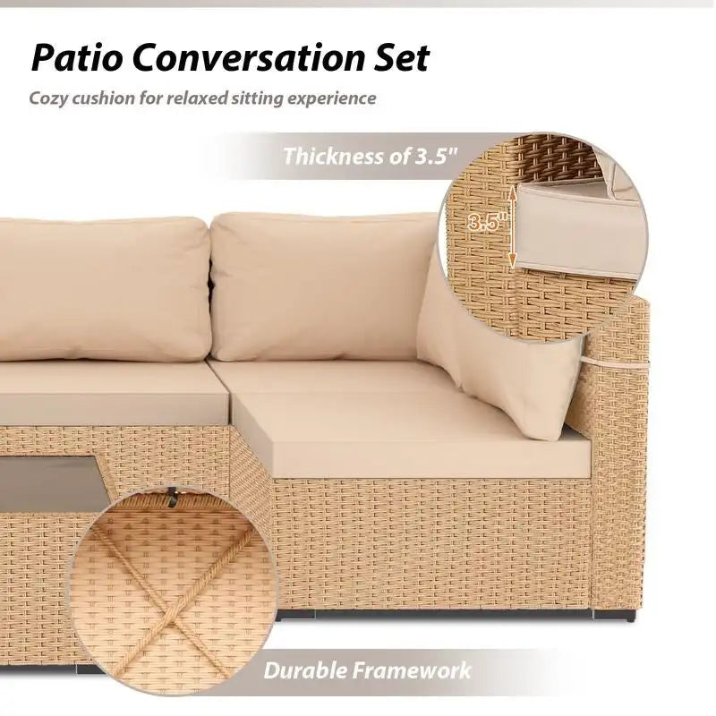 Patio Watcher – Salon de jardin sectionnel 7 pièces en osier jaune avec coussins et table d'appoint