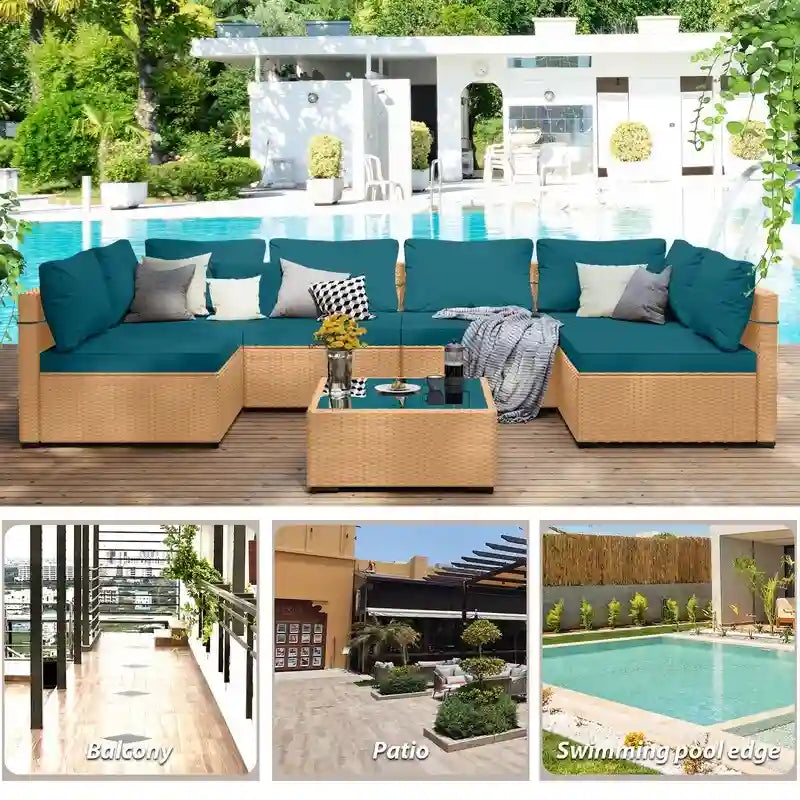 Patio Watcher – Salon de jardin sectionnel 7 pièces en osier jaune avec coussins et table d'appoint