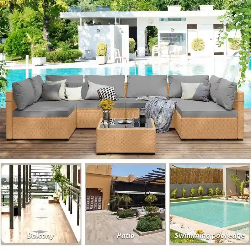 Patio Watcher – Salon de jardin sectionnel 7 pièces en osier jaune avec coussins et table d'appoint