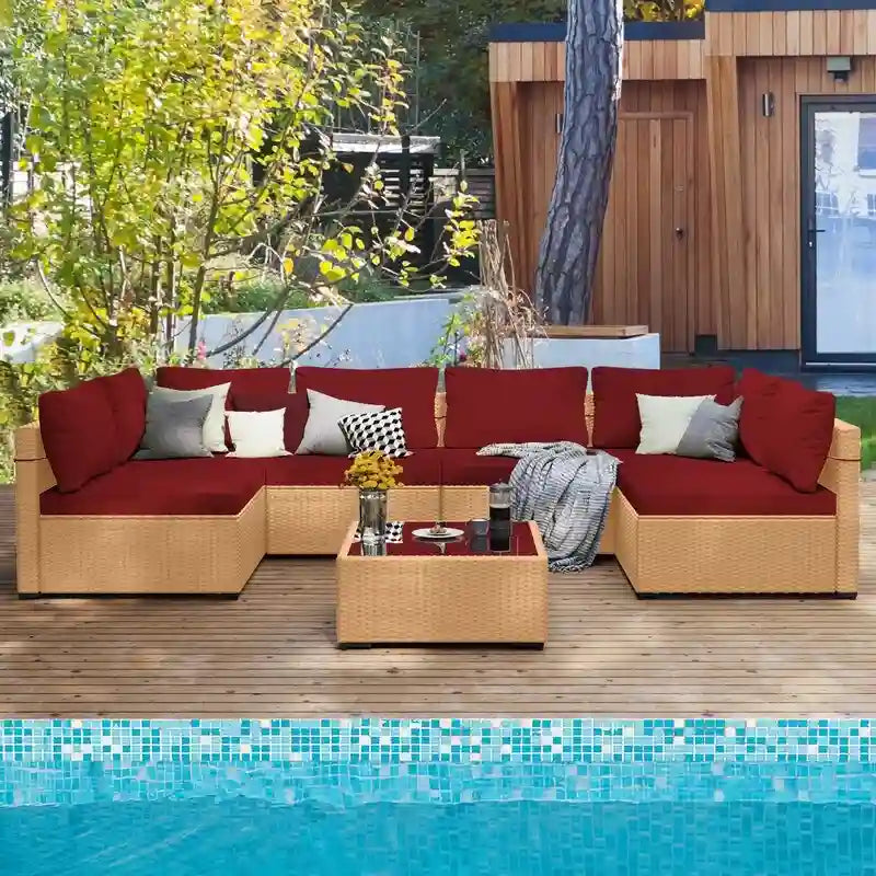 Patio Watcher – Salon de jardin sectionnel 7 pièces en osier jaune avec coussins et table d'appoint