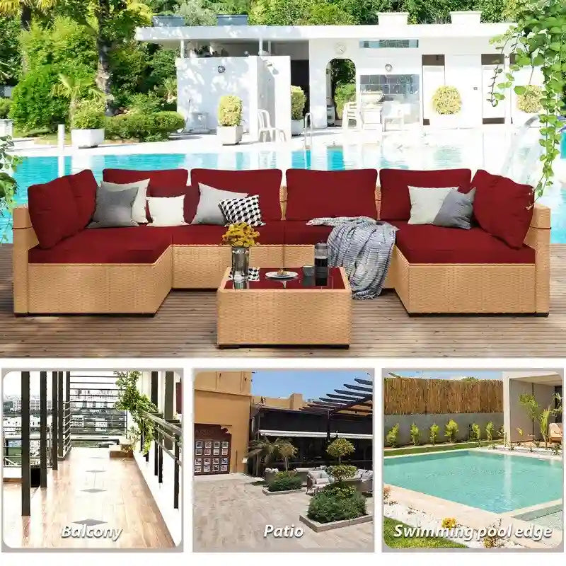 Patio Watcher – Salon de jardin sectionnel 7 pièces en osier jaune avec coussins et table d'appoint