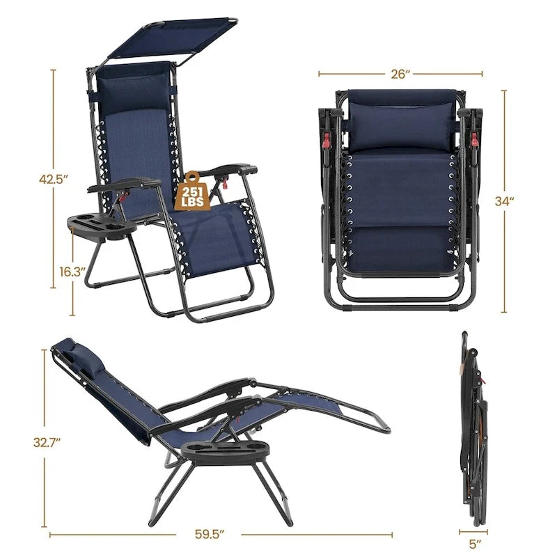 Chaise longue de camping Yaheetech 26 pouces anti-gravité pour l'extérieur avec parasol
