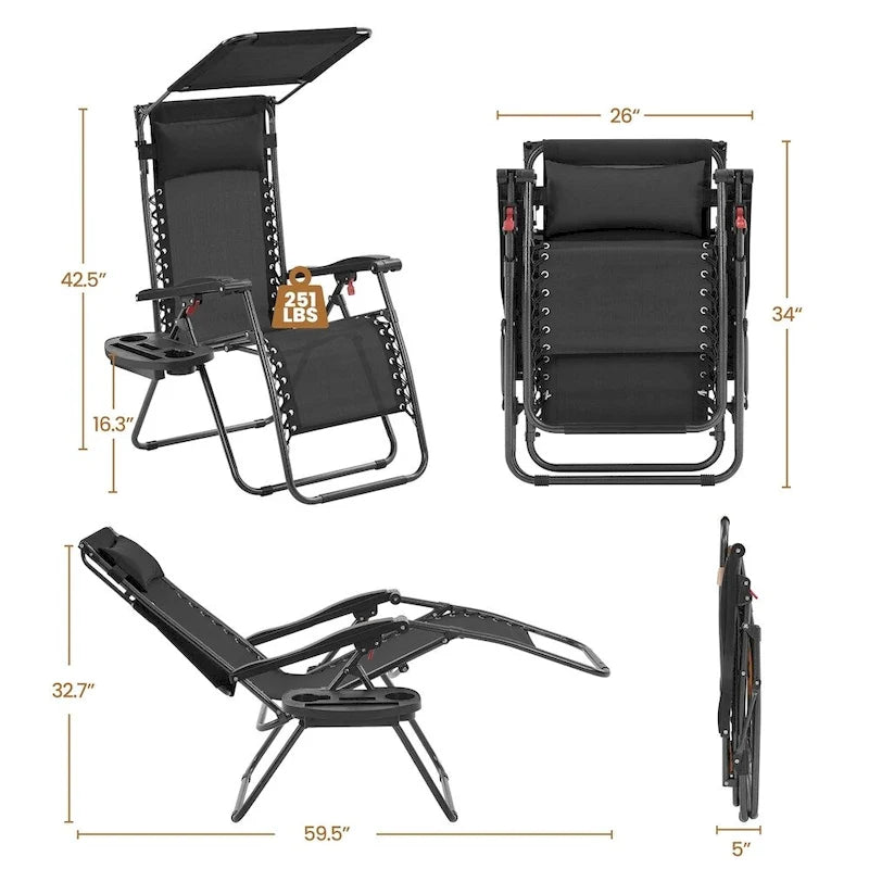 Chaise longue de camping Yaheetech 26 pouces anti-gravité pour l'extérieur avec parasol