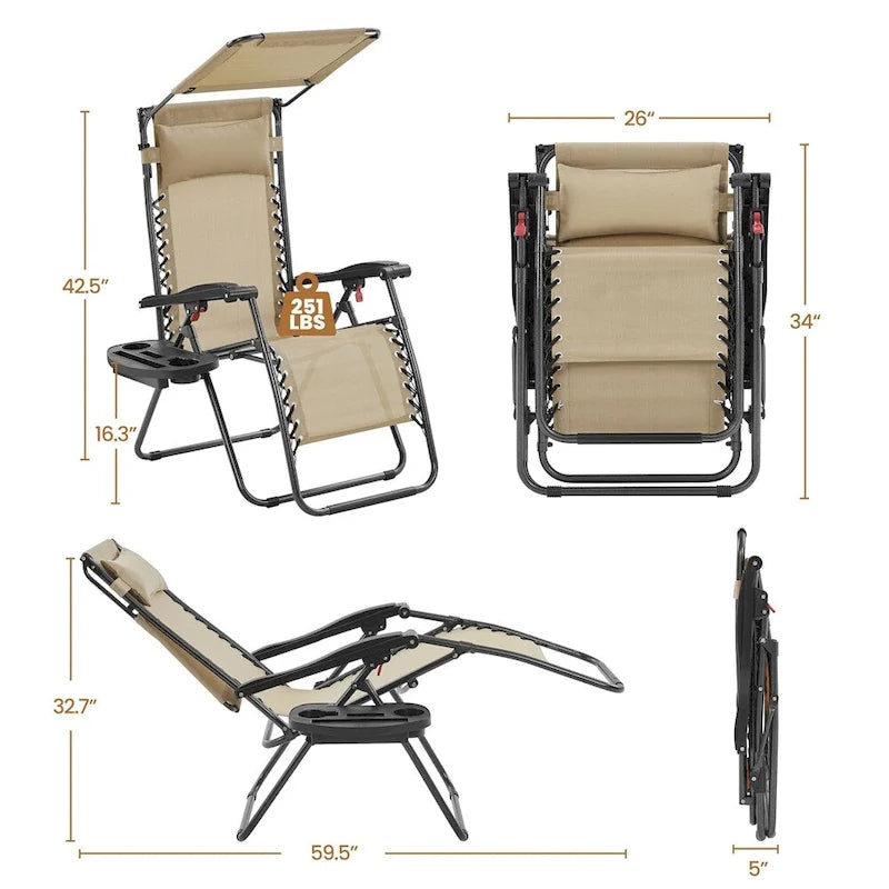 Chaise longue de camping Yaheetech 26 pouces anti-gravité pour l'extérieur avec parasol