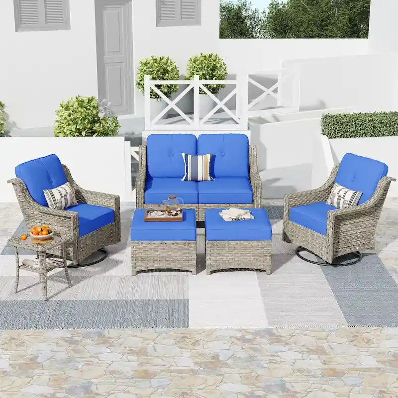 HOOOWOOO Ensemble de conversation 6 pièces pour patio avec causeuse et fauteuil pivotant en osier