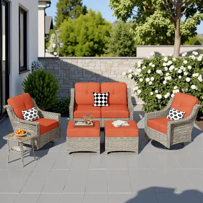 HOOOWOOO Ensemble de conversation 6 pièces pour patio avec causeuse et fauteuil pivotant en osier