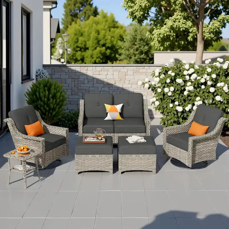 HOOOWOOO Ensemble de conversation 6 pièces pour patio avec causeuse et fauteuil pivotant en osier