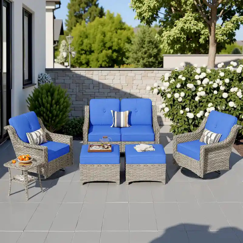 HOOOWOOO Ensemble de conversation 6 pièces pour patio avec causeuse et fauteuil pivotant en osier