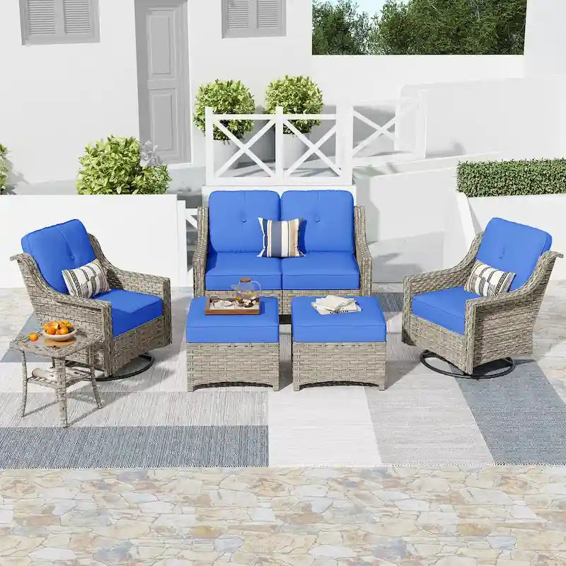 HOOOWOOO Ensemble de conversation 6 pièces pour patio avec causeuse et fauteuil pivotant en osier