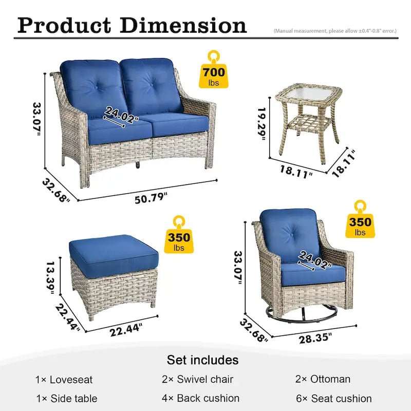 HOOOWOOO Ensemble de conversation 6 pièces pour patio avec causeuse et fauteuil pivotant en osier
