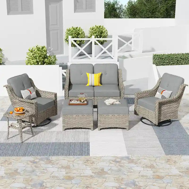 HOOOWOOO Ensemble de conversation 6 pièces pour patio avec causeuse et fauteuil pivotant en osier