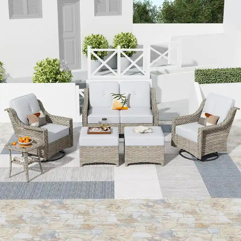 HOOOWOOO Ensemble de conversation 6 pièces pour patio avec causeuse et fauteuil pivotant en osier
