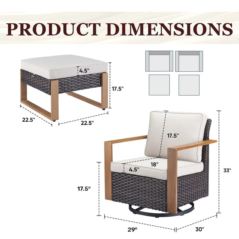 Gymojoy Fauteuil à bascule extérieur en rotin avec poufs - Marron