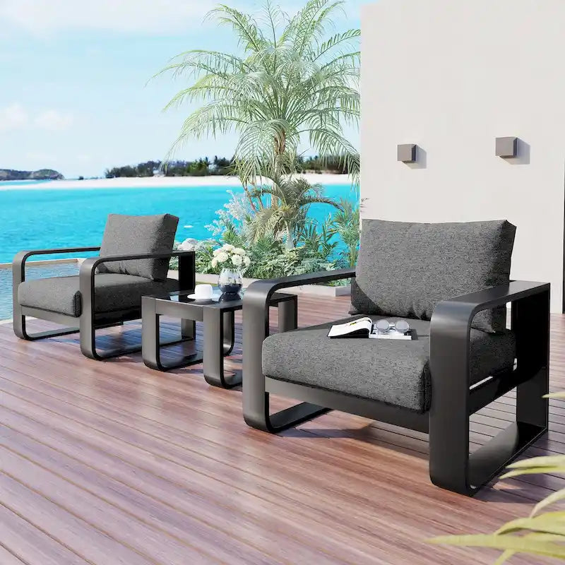 Ensemble 3 pièces de chaises d'extérieur en aluminium avec coussin et table basse