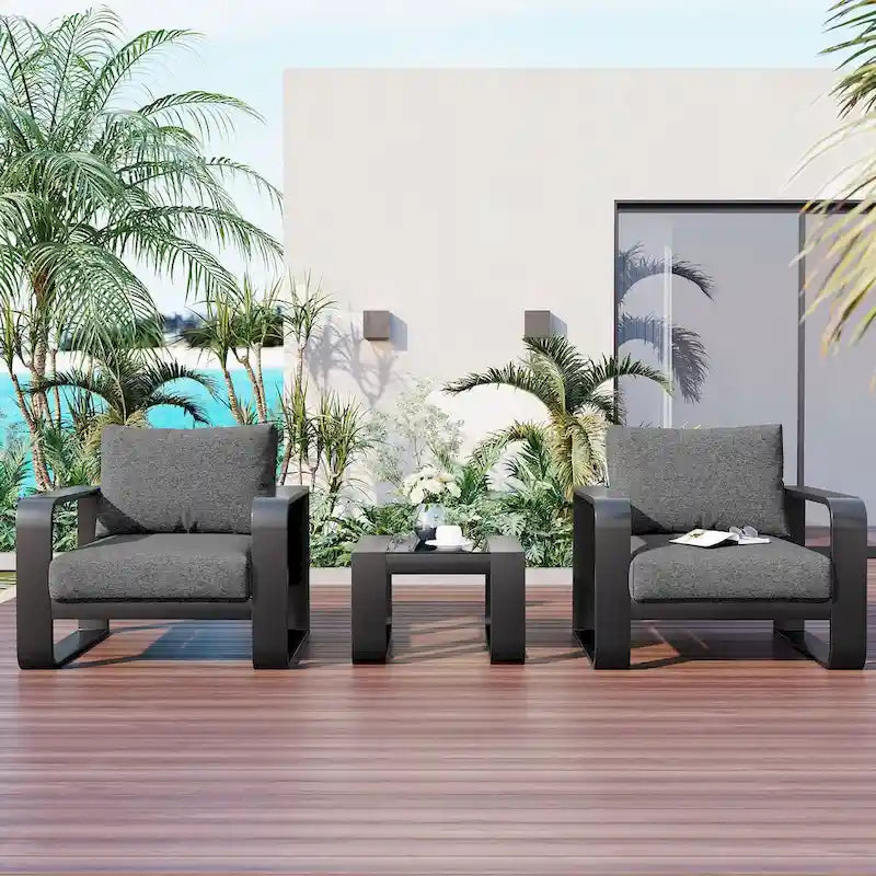 3-Pieces Aluminum Outdoor Chairs with Cushion & Coffee Table