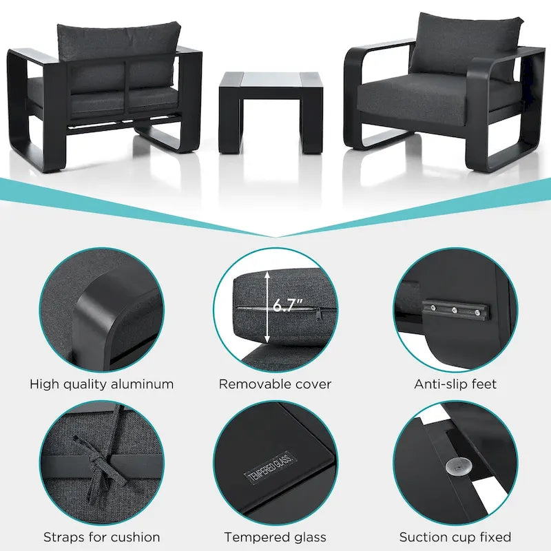 Ensemble 3 pièces de chaises d'extérieur en aluminium avec coussin et table basse