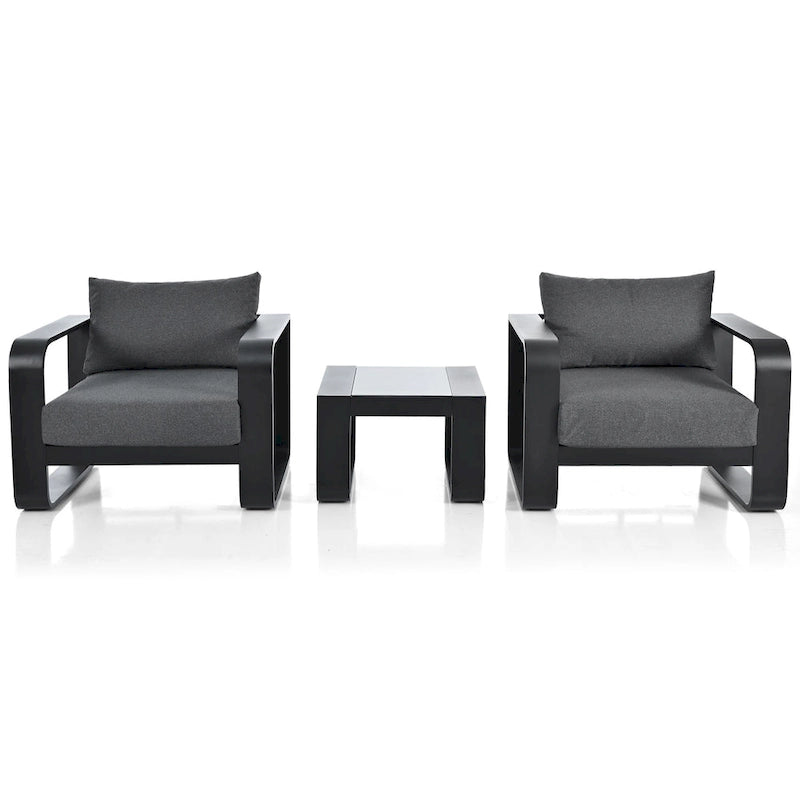 Ensemble 3 pièces de chaises d'extérieur en aluminium avec coussin et table basse