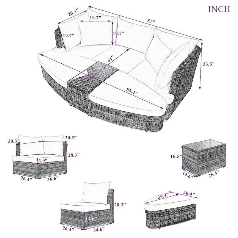 Ensemble de canapés ronds d'extérieur 6 pièces en rotin PE avec table basse