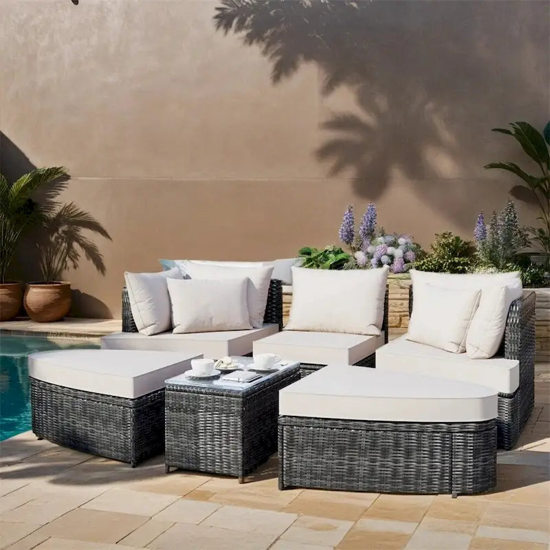 Ensemble de canapés ronds d'extérieur 6 pièces en rotin PE avec table basse