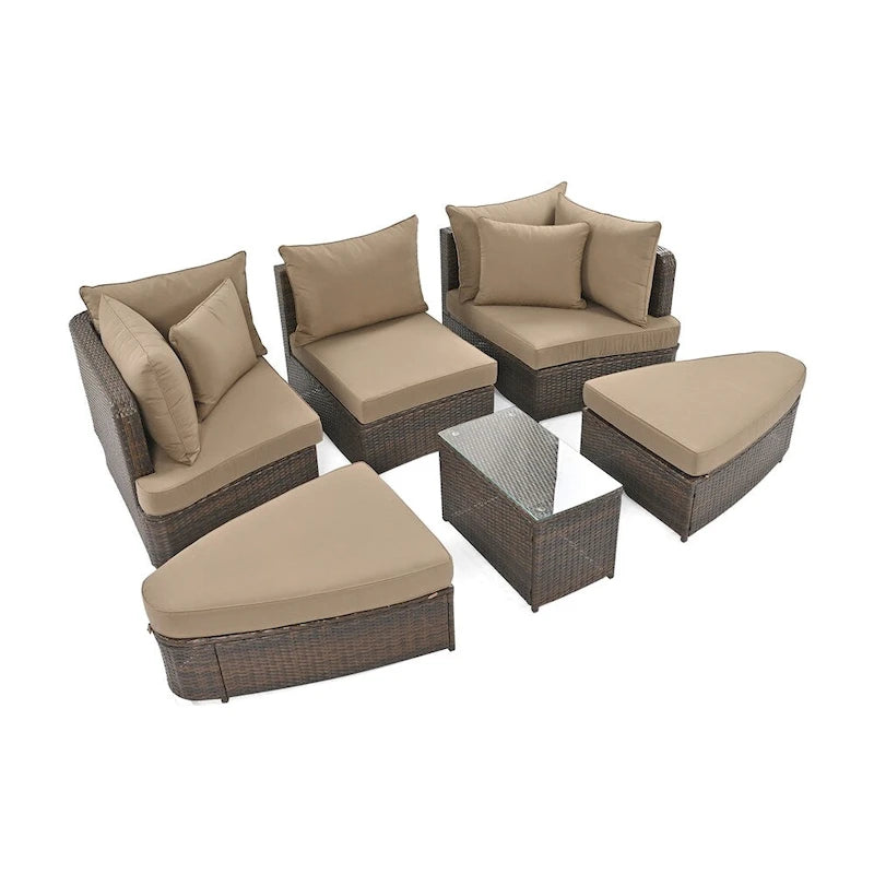 Ensemble de canapés ronds d'extérieur 6 pièces en rotin PE avec table basse