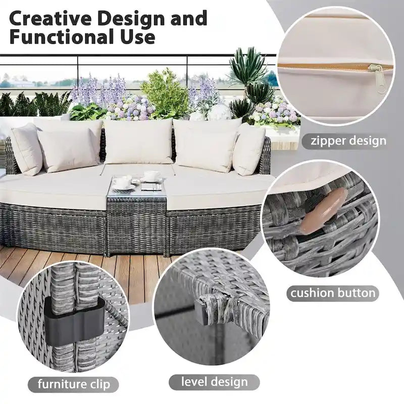 Ensemble de canapés ronds d'extérieur 6 pièces en rotin PE avec table basse