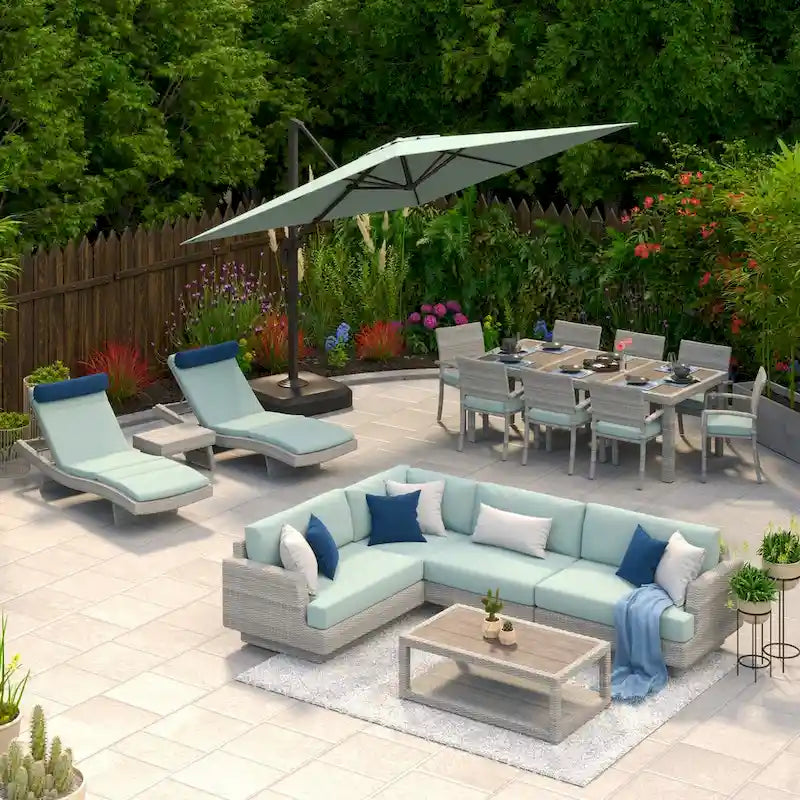 Ensemble de salle à manger et de salon d'extérieur sectionnel 18 pièces Portofino Comfort Sunbrella avec parasol
