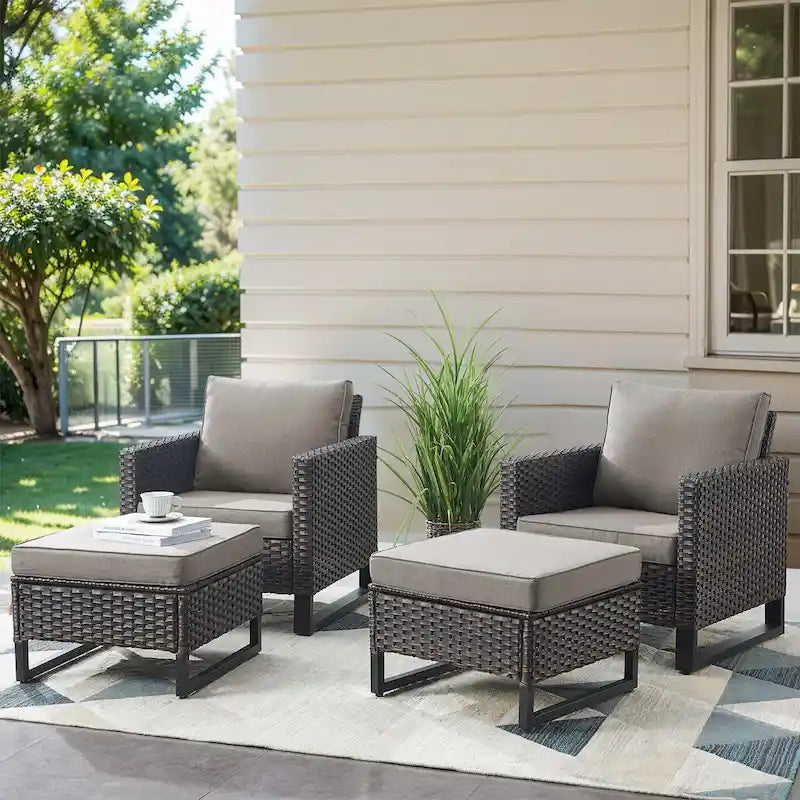 Chaises de patio en rotin avec 2 poufs - Marron