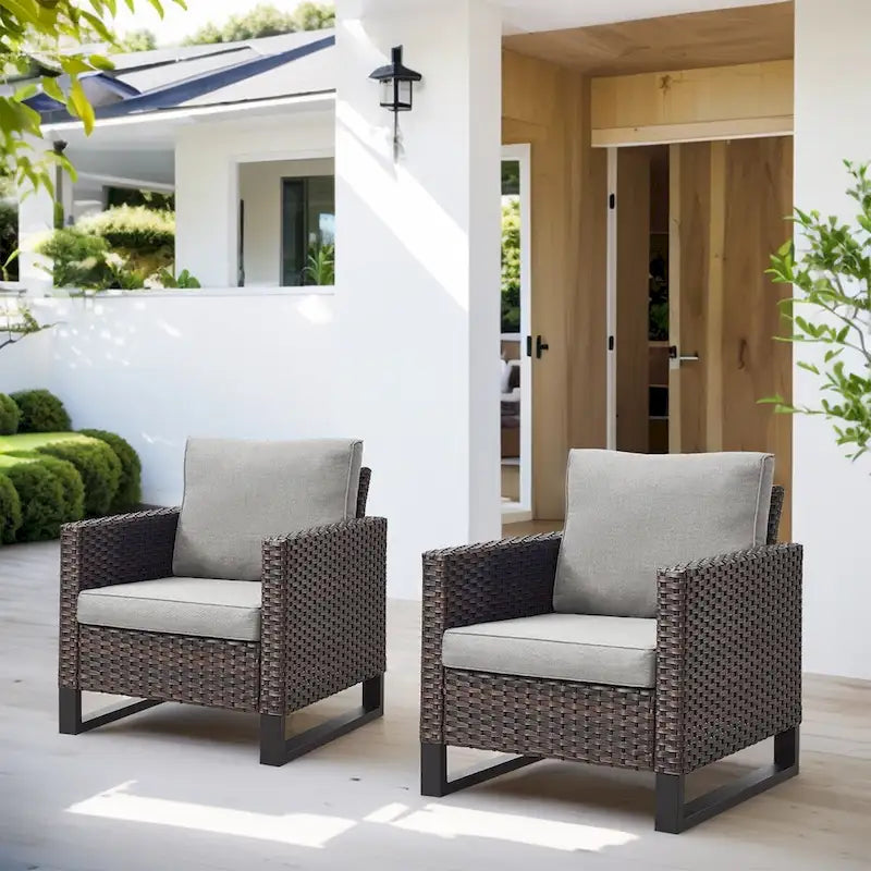 Chaises de patio en rotin avec 2 poufs - Marron