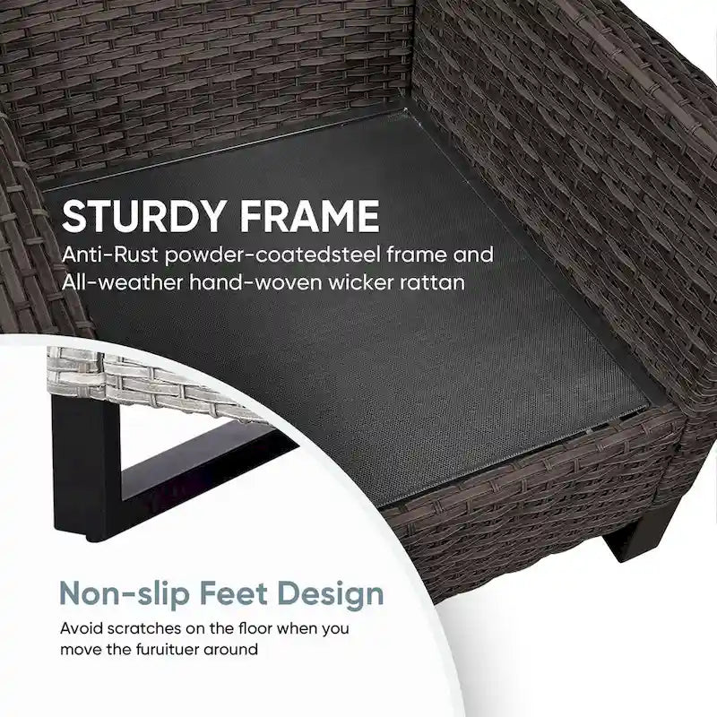 Chaises de patio en rotin avec 2 poufs - Marron