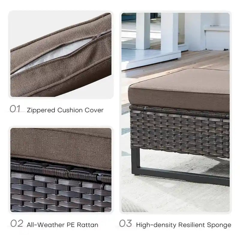 Chaises de patio en rotin avec 2 poufs - Marron
