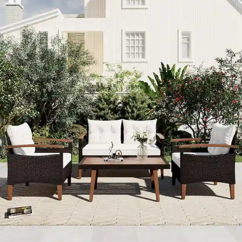 Ensemble de mobilier de jardin 4 pièces, Salon de jardin, Ensemble de canapés d'extérieur en rotin PE, Table et pieds en bois