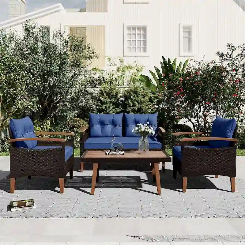 Ensemble de mobilier de jardin 4 pièces, Salon de jardin, Ensemble de canapés d'extérieur en rotin PE, Table et pieds en bois