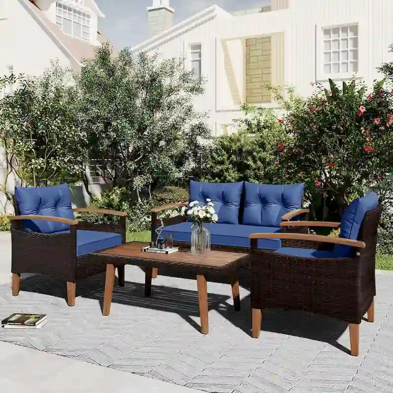 Ensemble de mobilier de jardin 4 pièces, Salon de jardin, Ensemble de canapés d'extérieur en rotin PE, Table et pieds en bois