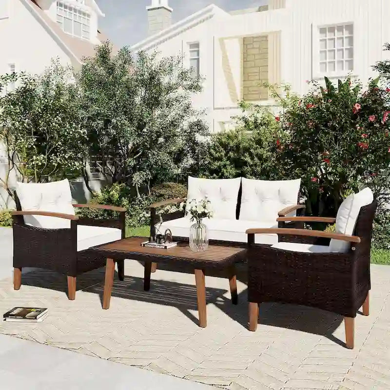 Ensemble de mobilier de jardin 4 pièces, Salon de jardin, Ensemble de canapés d'extérieur en rotin PE, Table et pieds en bois