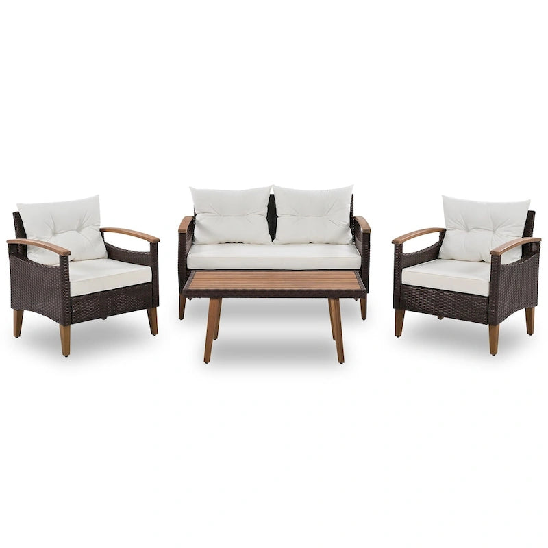 Ensemble de mobilier de jardin 4 pièces, Salon de jardin, Ensemble de canapés d'extérieur en rotin PE, Table et pieds en bois