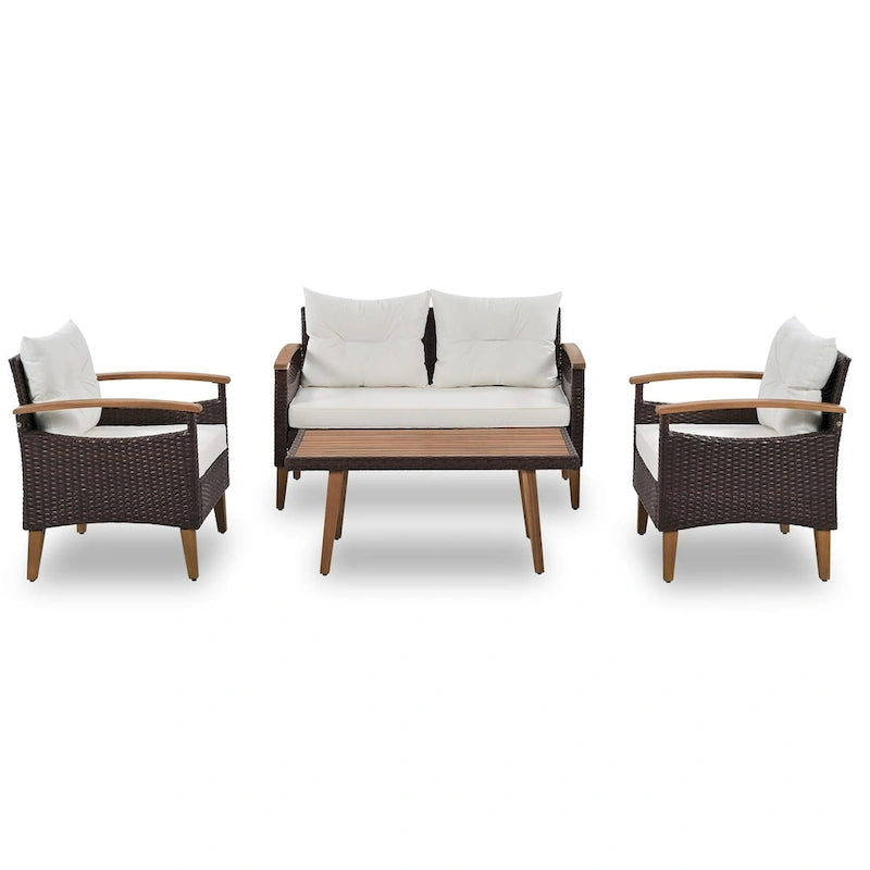 Ensemble de mobilier de jardin 4 pièces, Salon de jardin, Ensemble de canapés d'extérieur en rotin PE, Table et pieds en bois