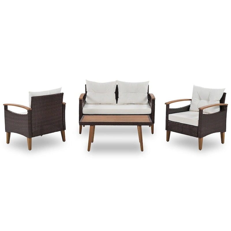 Ensemble de mobilier de jardin 4 pièces, Salon de jardin, Ensemble de canapés d'extérieur en rotin PE, Table et pieds en bois