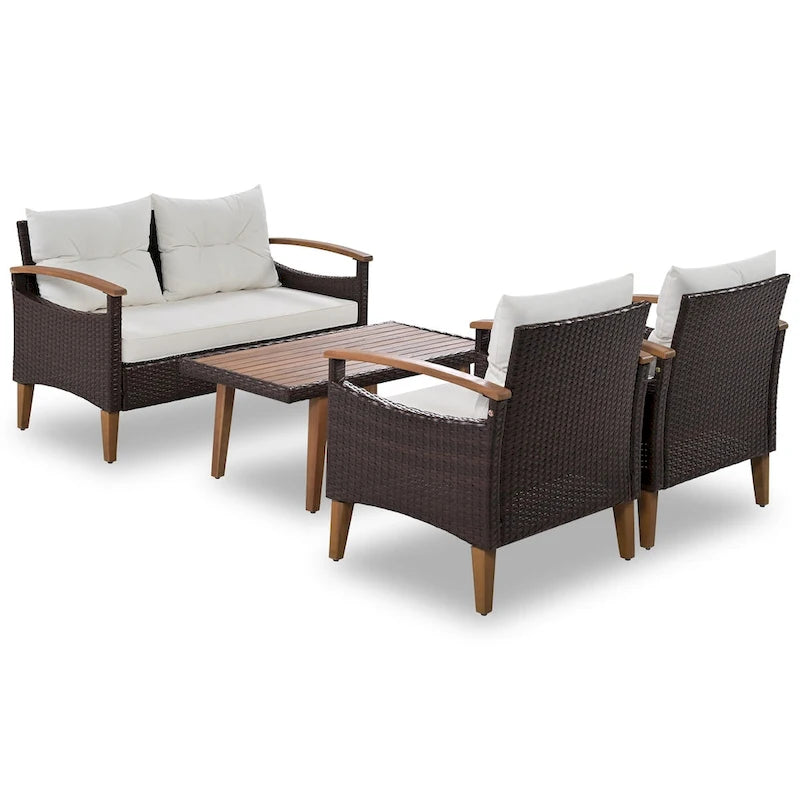 Ensemble de mobilier de jardin 4 pièces, Salon de jardin, Ensemble de canapés d'extérieur en rotin PE, Table et pieds en bois